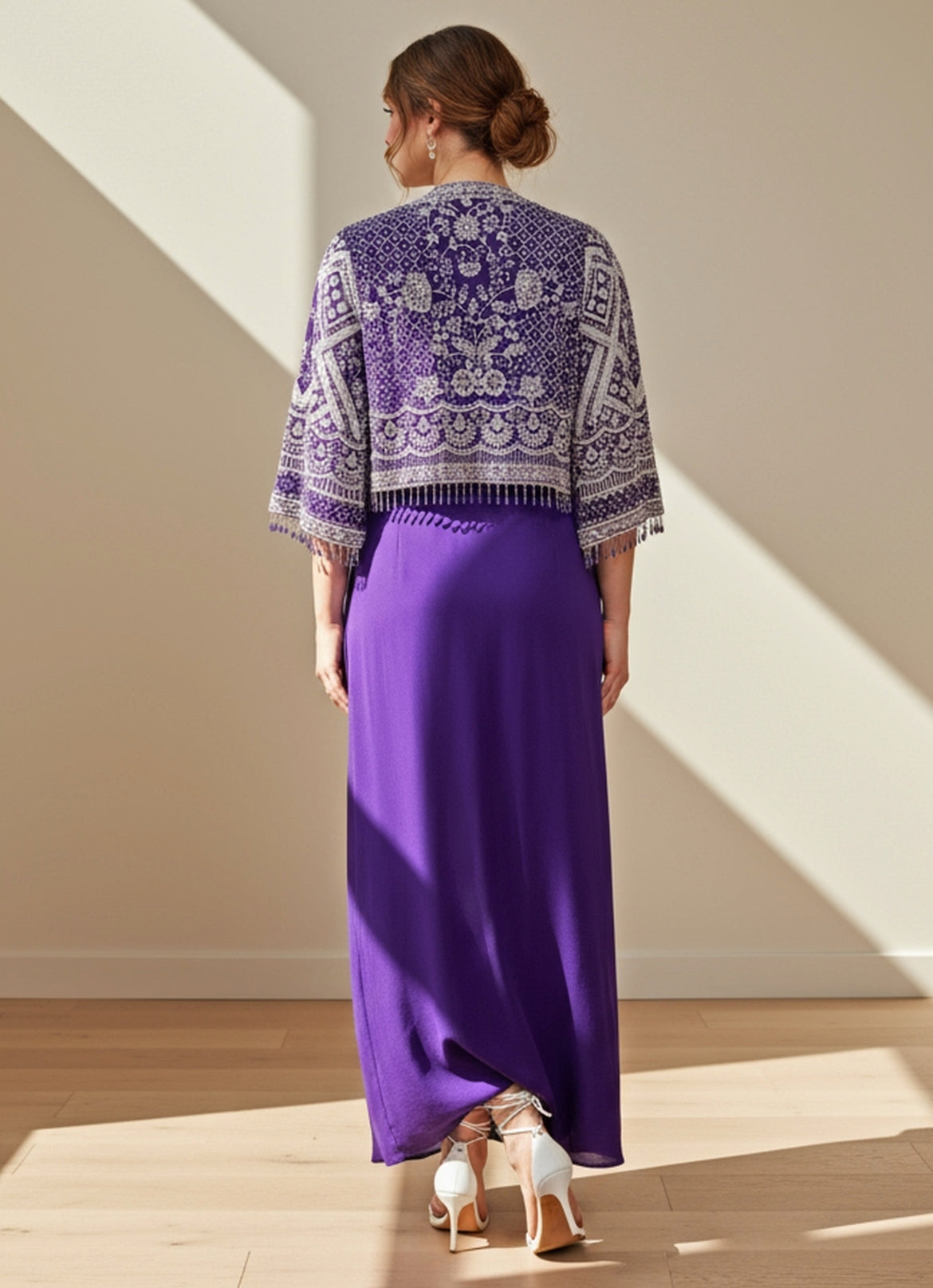 Purple Chinon Drape Skirt Set With Short Jacket