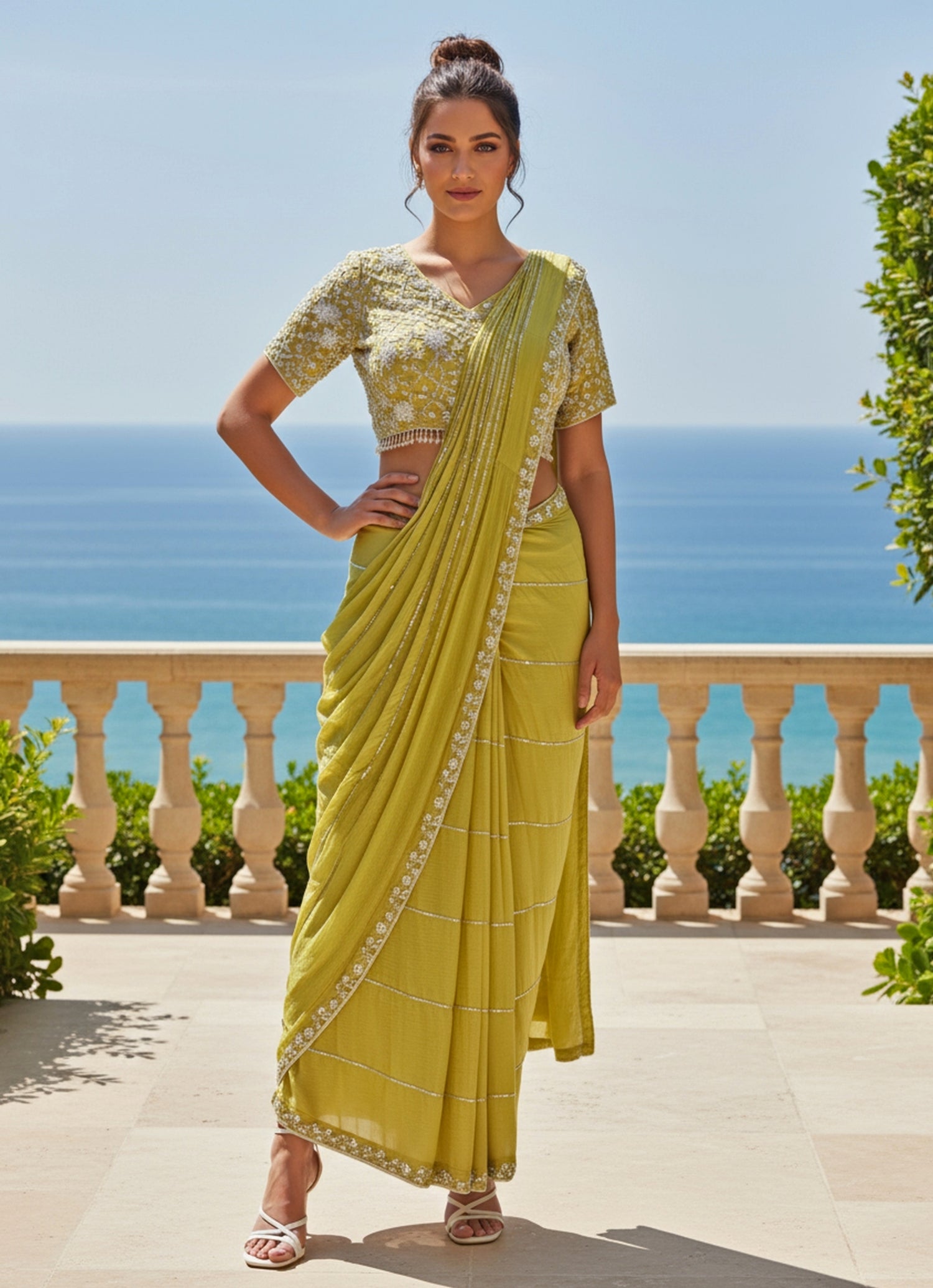 Yellow Chinon Pre-Draped Saree