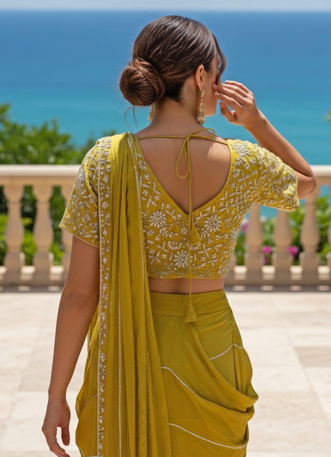 Yellow Chinon Pre-Draped Saree