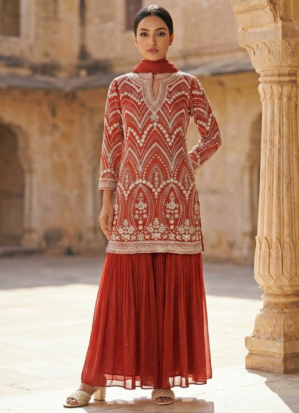 Rust Orange Chinon Kurta Sharara Set