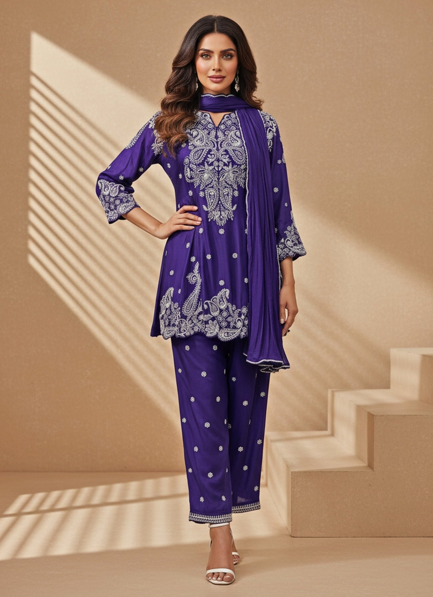 Electric Blue Chinon Kurta Pants Set