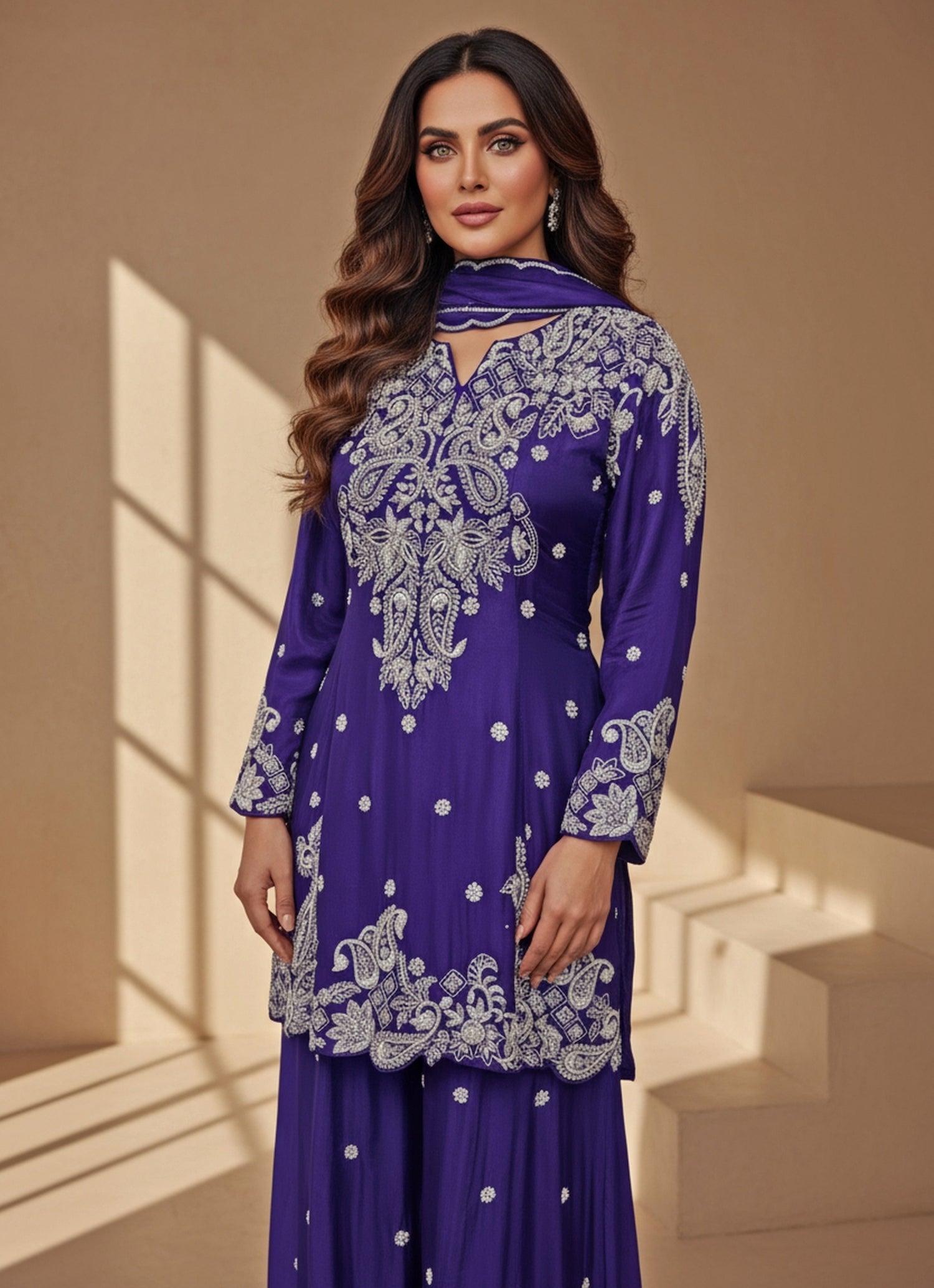 Electric Blue Chinon Kurta Pants Set