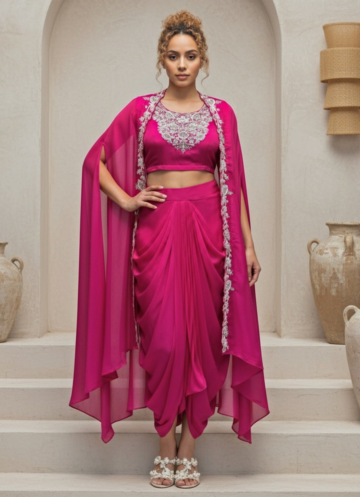 Hot Pink Chinon Cowl Skirt Set With Cape