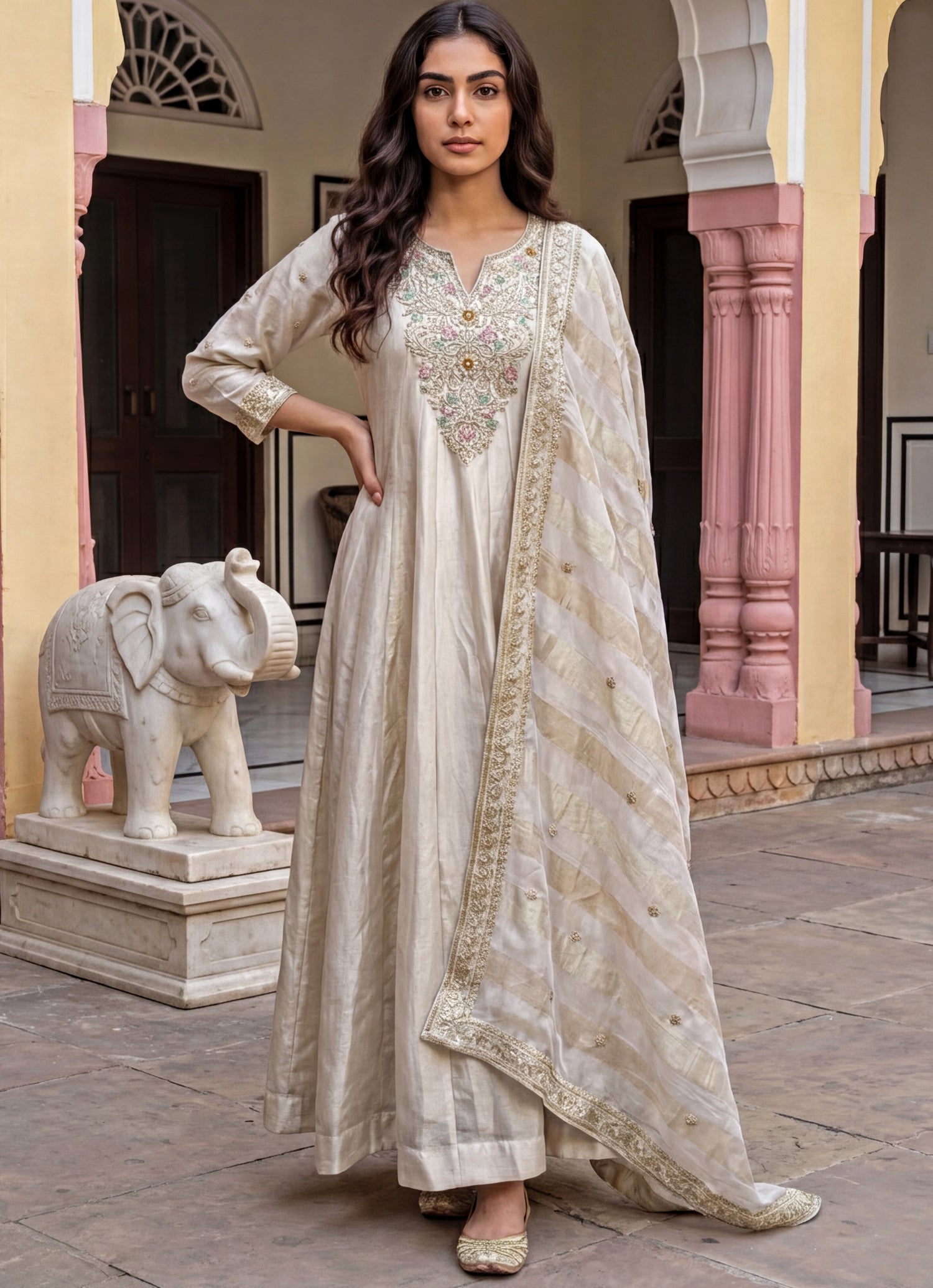 Ivory Tissue Anarkali Set