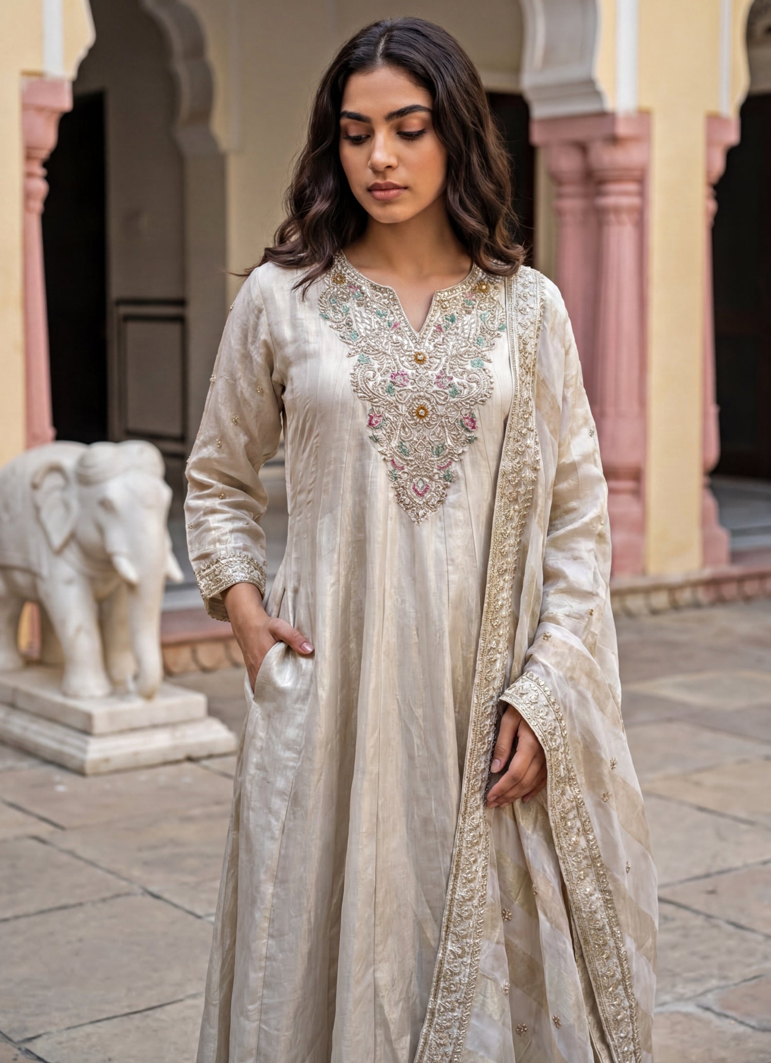 Ivory Tissue Anarkali Set