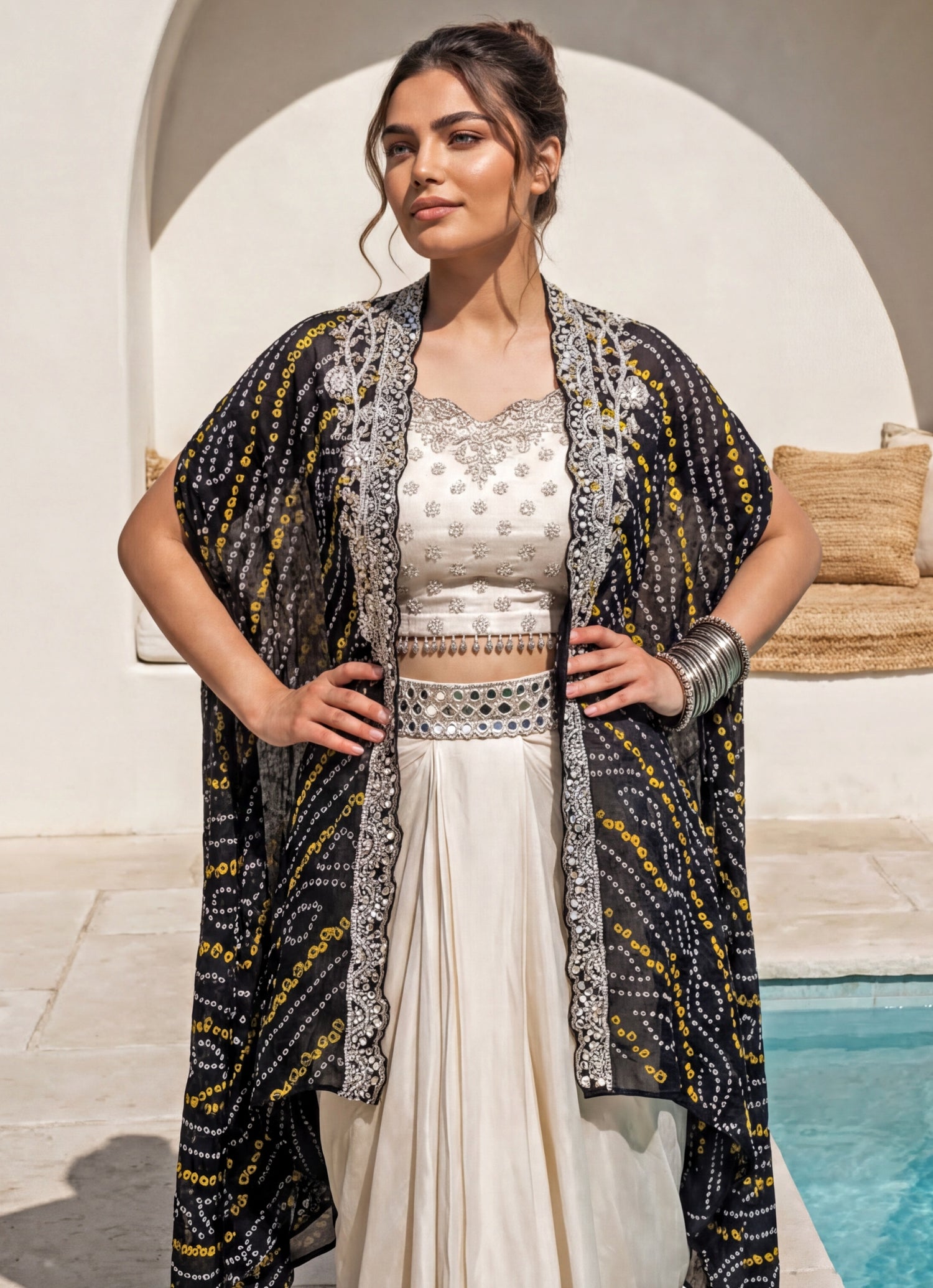Ivory Chinon Cowl Skirt Set With Black Bandhani Cape