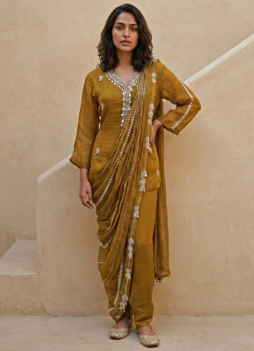 Mustard Yellow Tissue Chinon Pre-Draped Pant Saree With Jacket