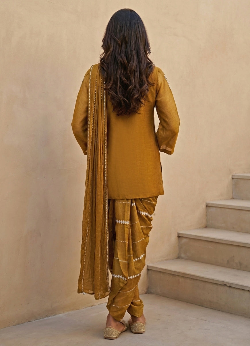 Mustard Yellow Tissue Chinon Pre-Draped Pant Saree With Jacket