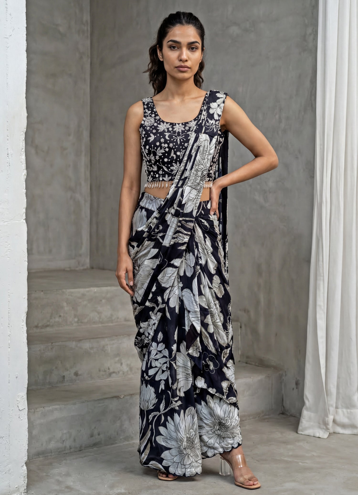 Black Printed Chinon Pre-Draped Saree