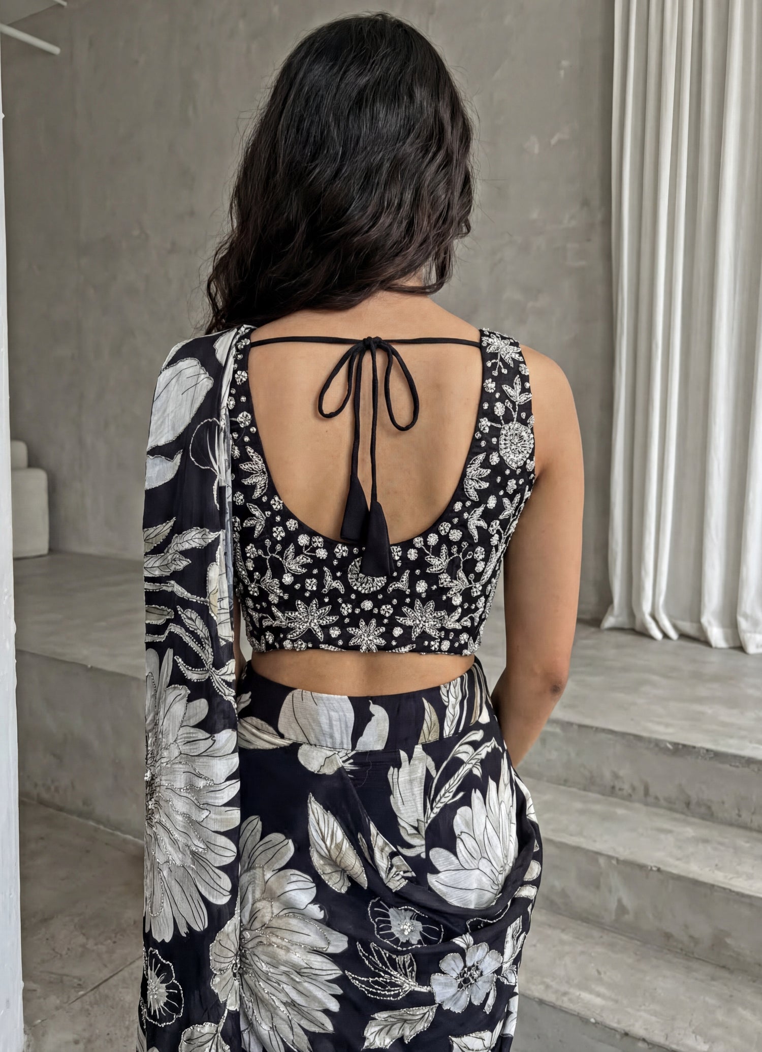 Black Printed Chinon Pre-Draped Saree