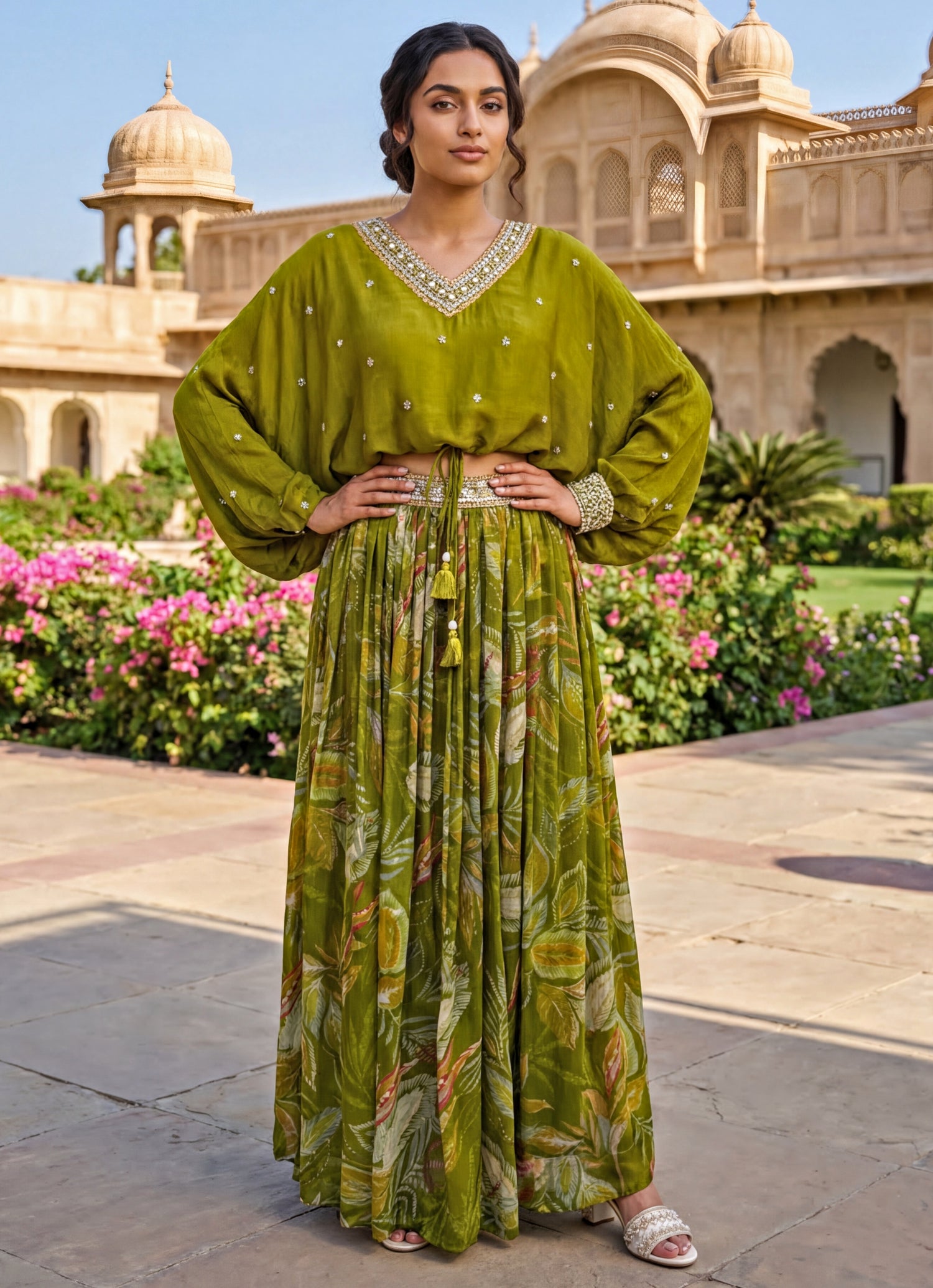 Mehendi Green Chinon Lehenga Set