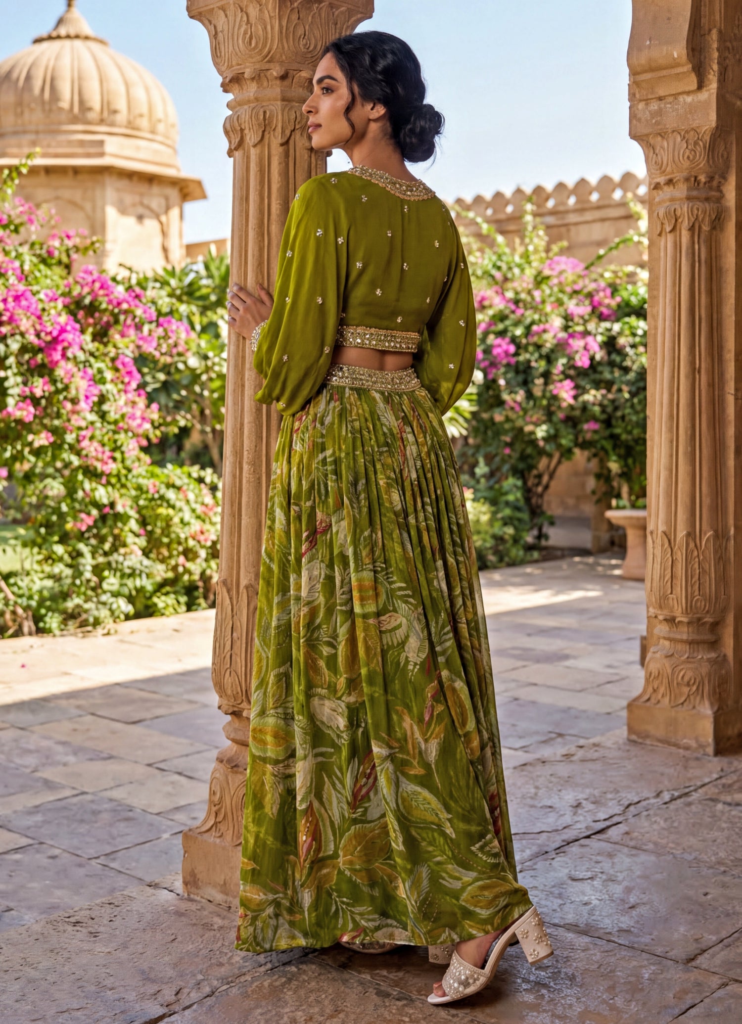 Mehendi Green Chinon Lehenga Set