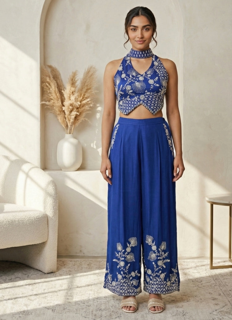Blue Chinon Blouse Palazzo Set