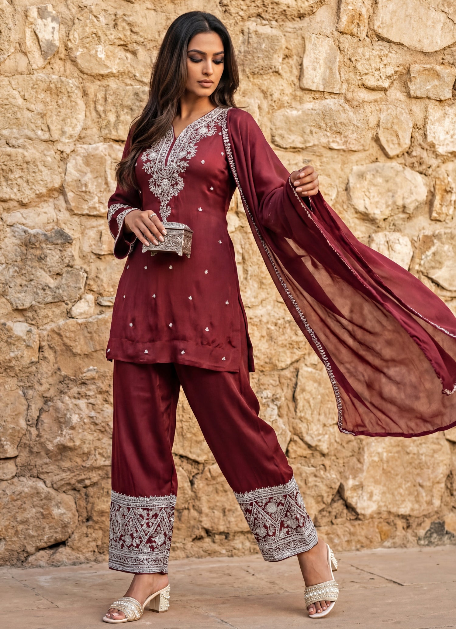 Wine Chinon Kurta Pants Set