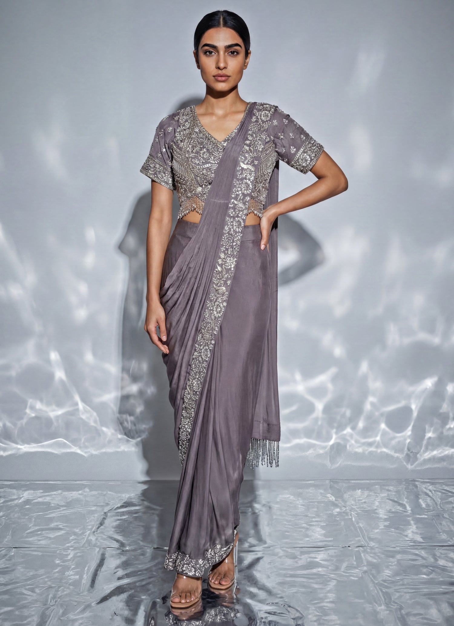 Grey Embroidered Chinon Pre-Draped Saree