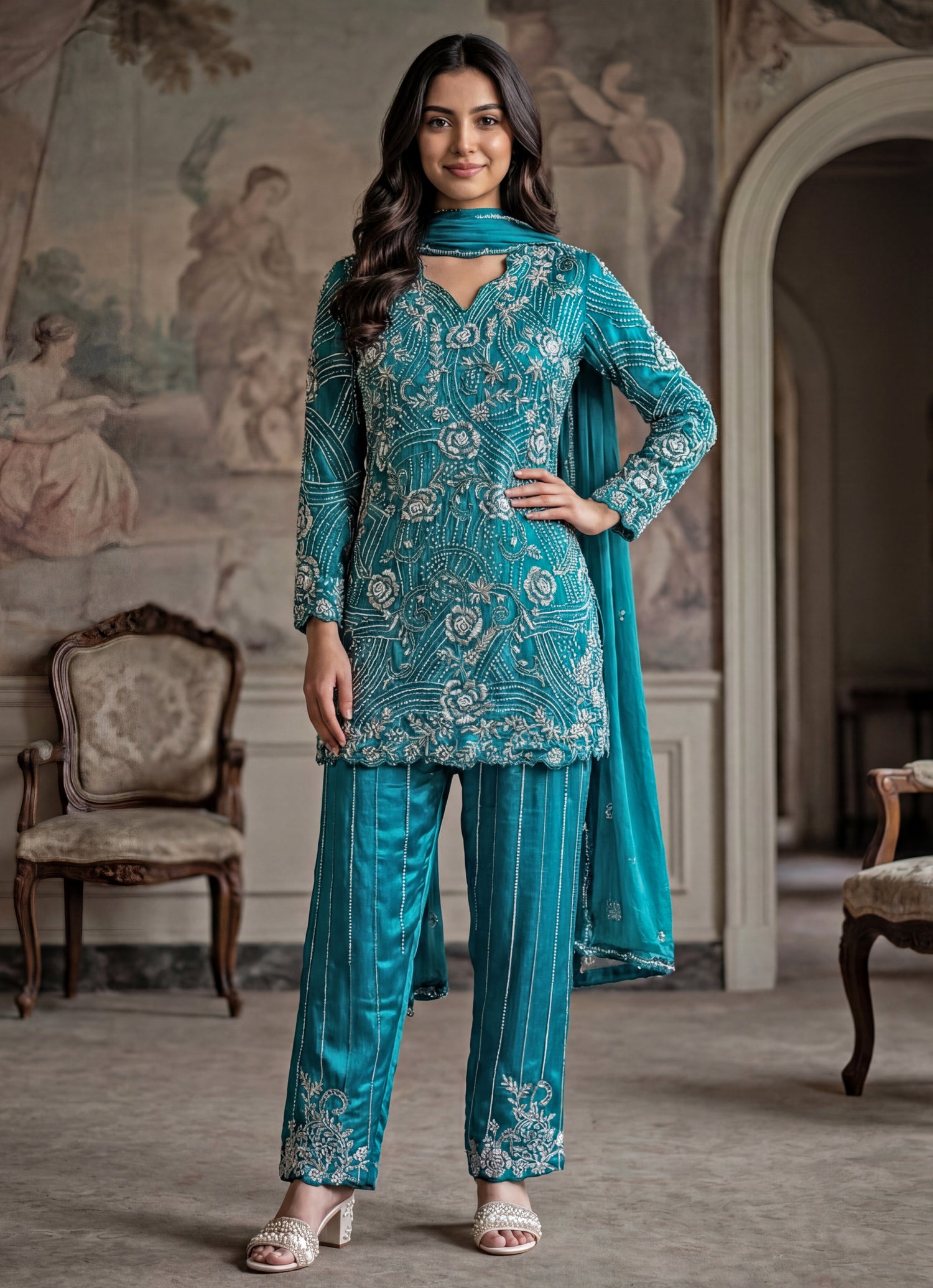 Blue Chinon Kurta Pants Set