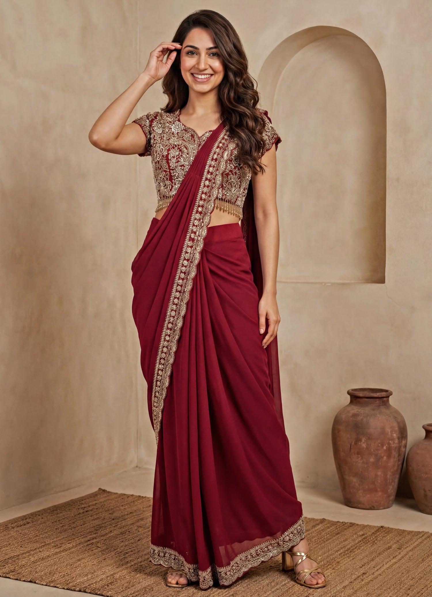Maroon Red Chinon Pre-Draped Saree
