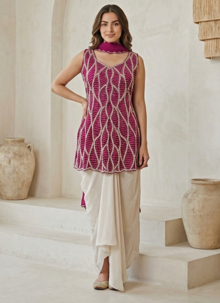 Purple And Ivory Chinon Kurta Drape Skirt Set