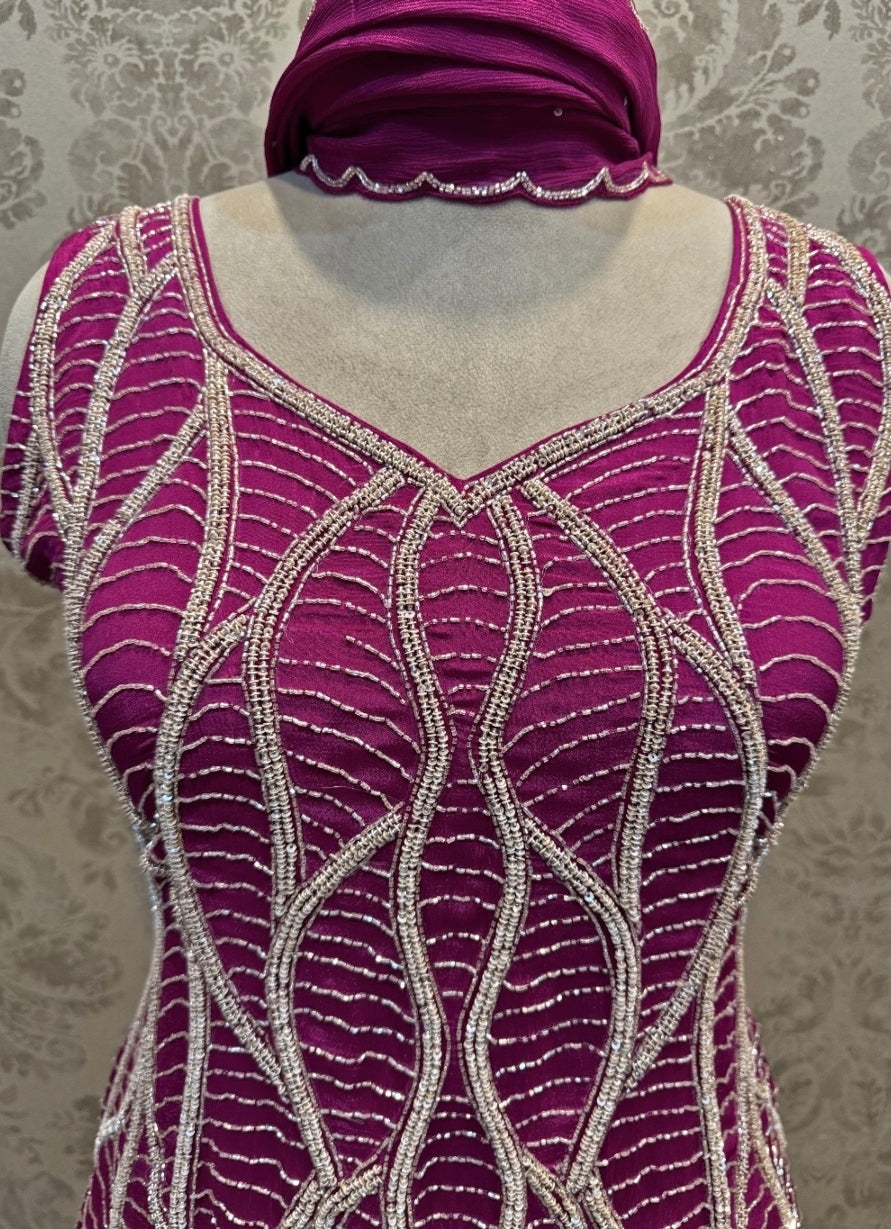 Purple And Ivory Chinon Kurta Drape Skirt Set