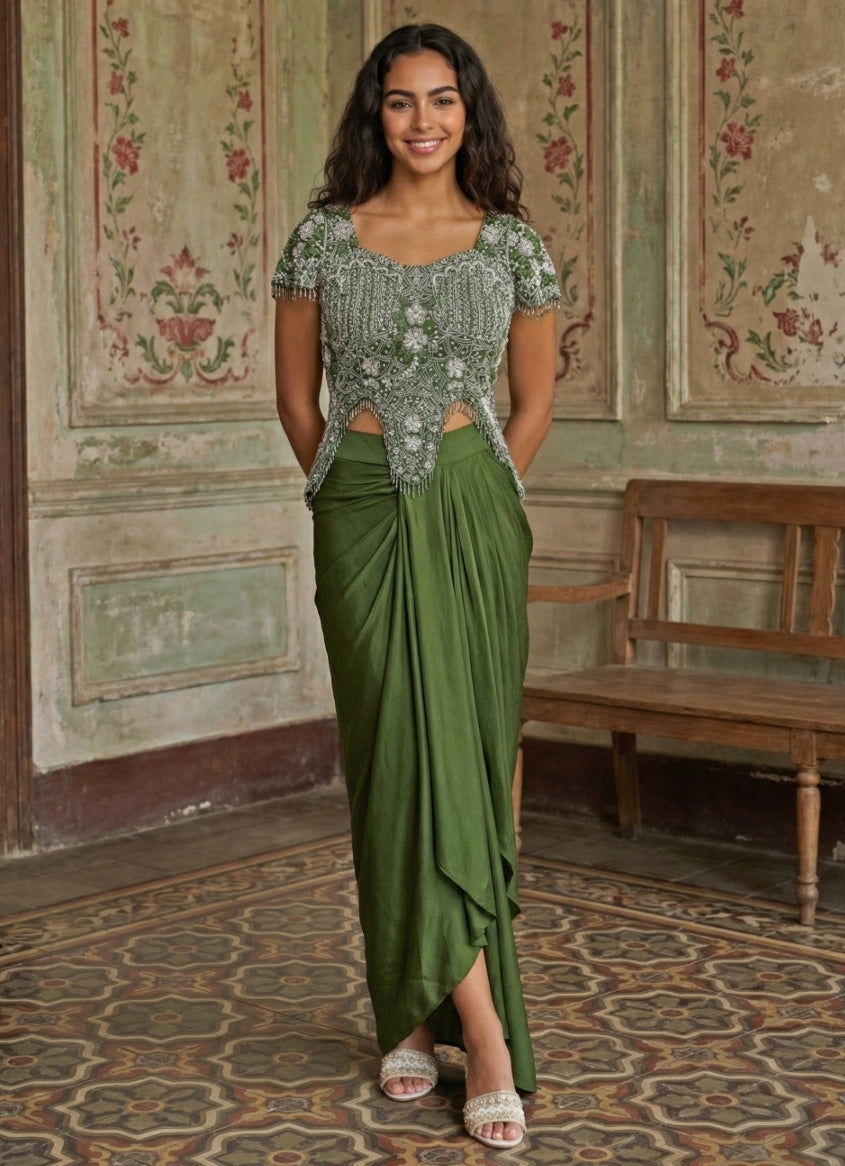 Green Chinon Cowl Skirt Set