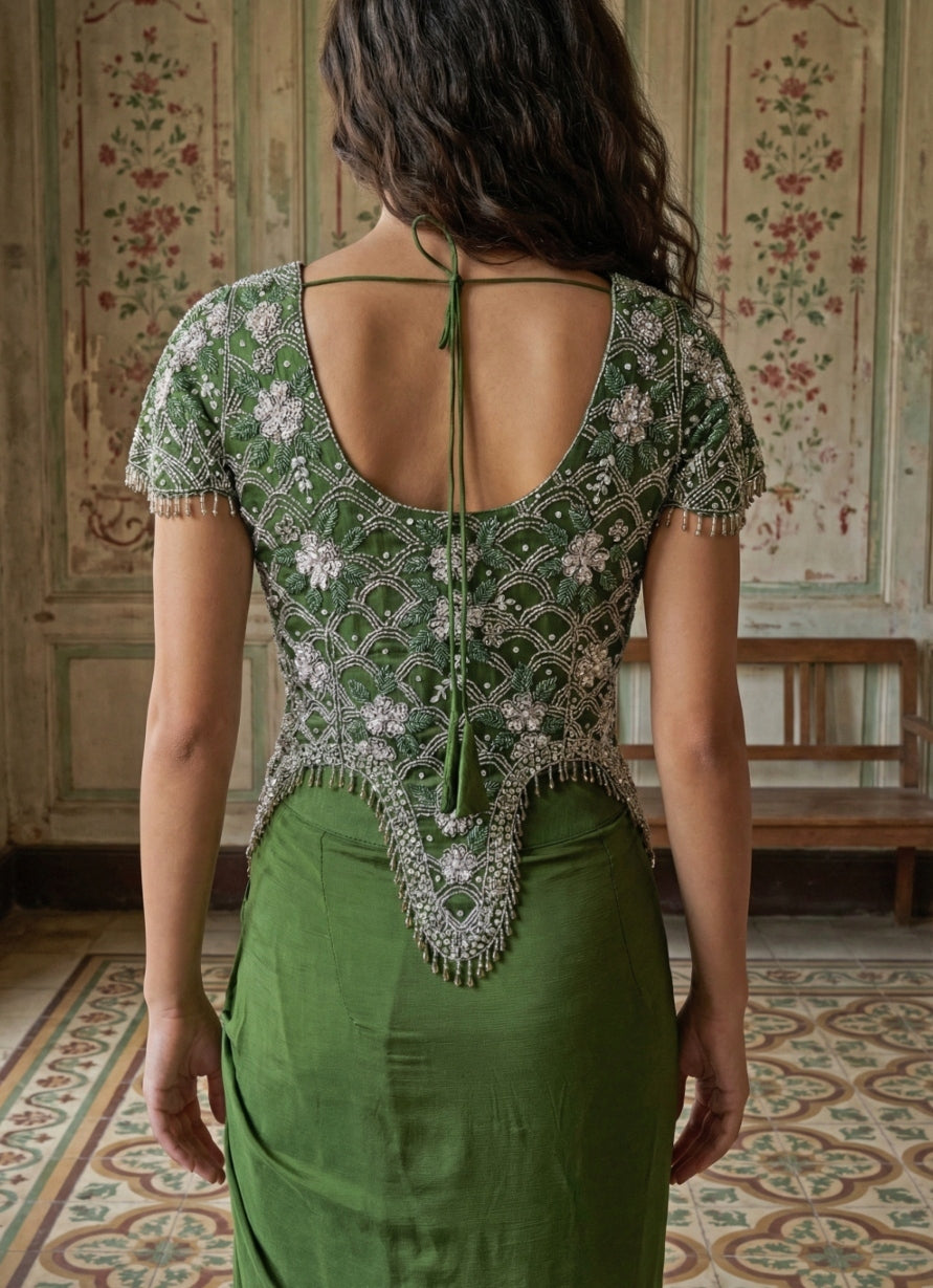 Green Chinon Cowl Skirt Set