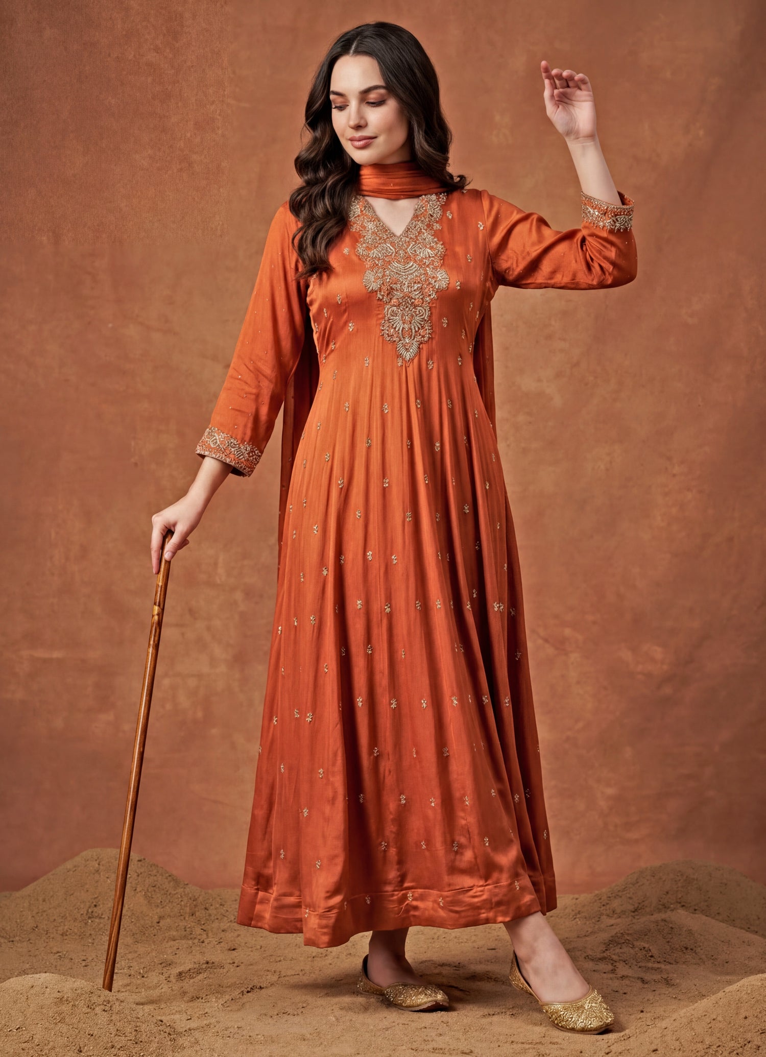 Rust Orange Chinon Anarkali Set