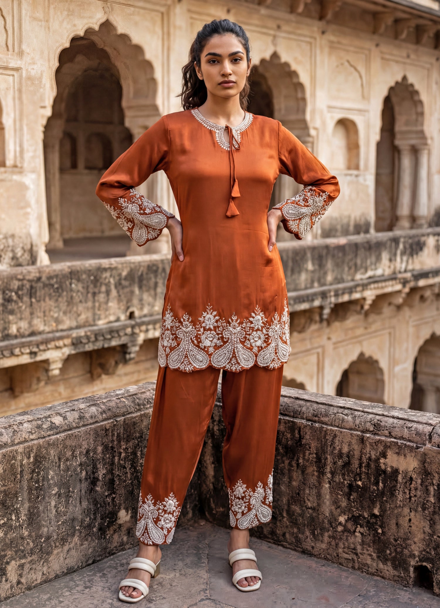 Rust Orange Chinon Kurta Pants Set