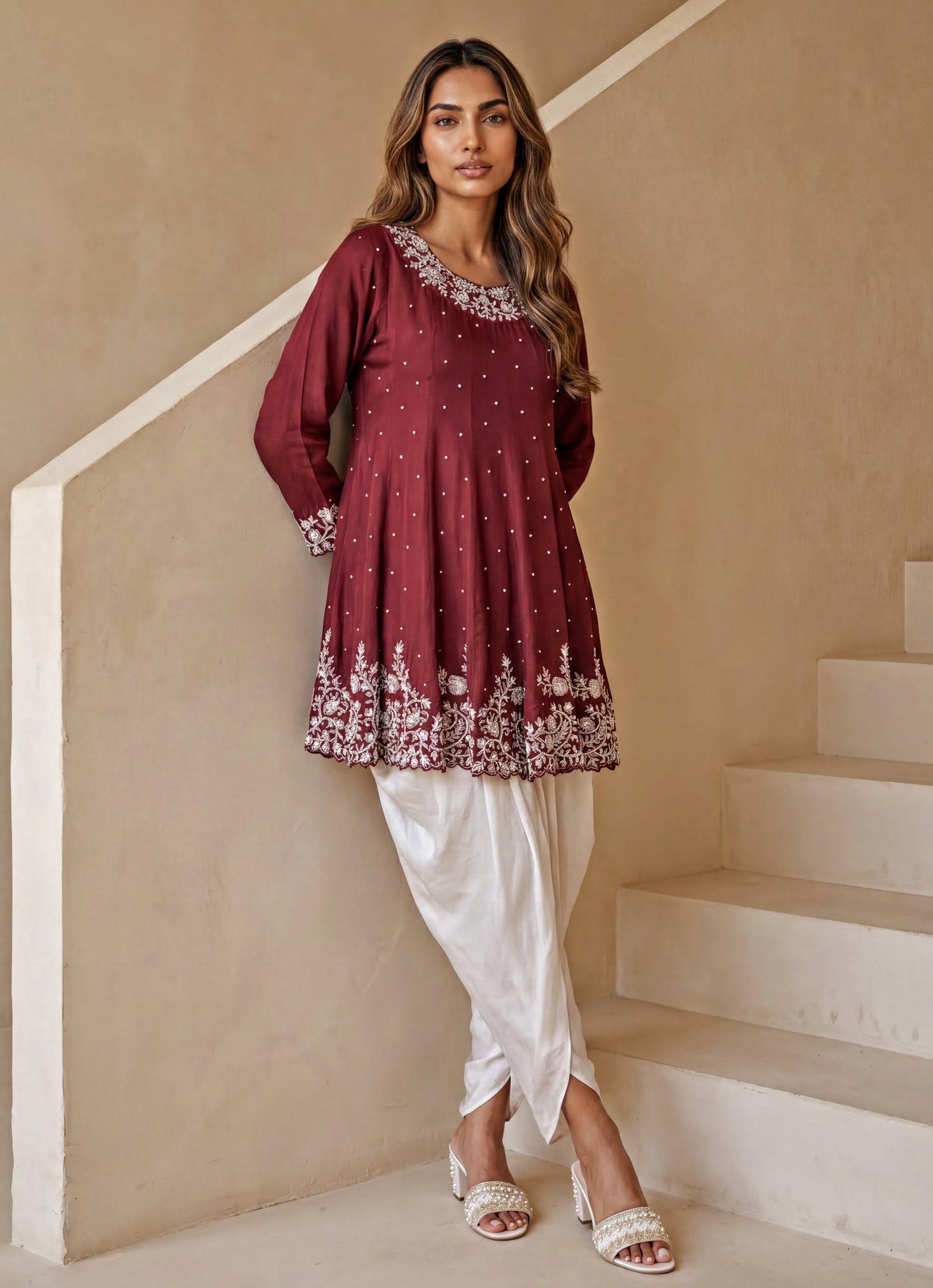Wine Chinon Kurta With Cowl Skirt Set