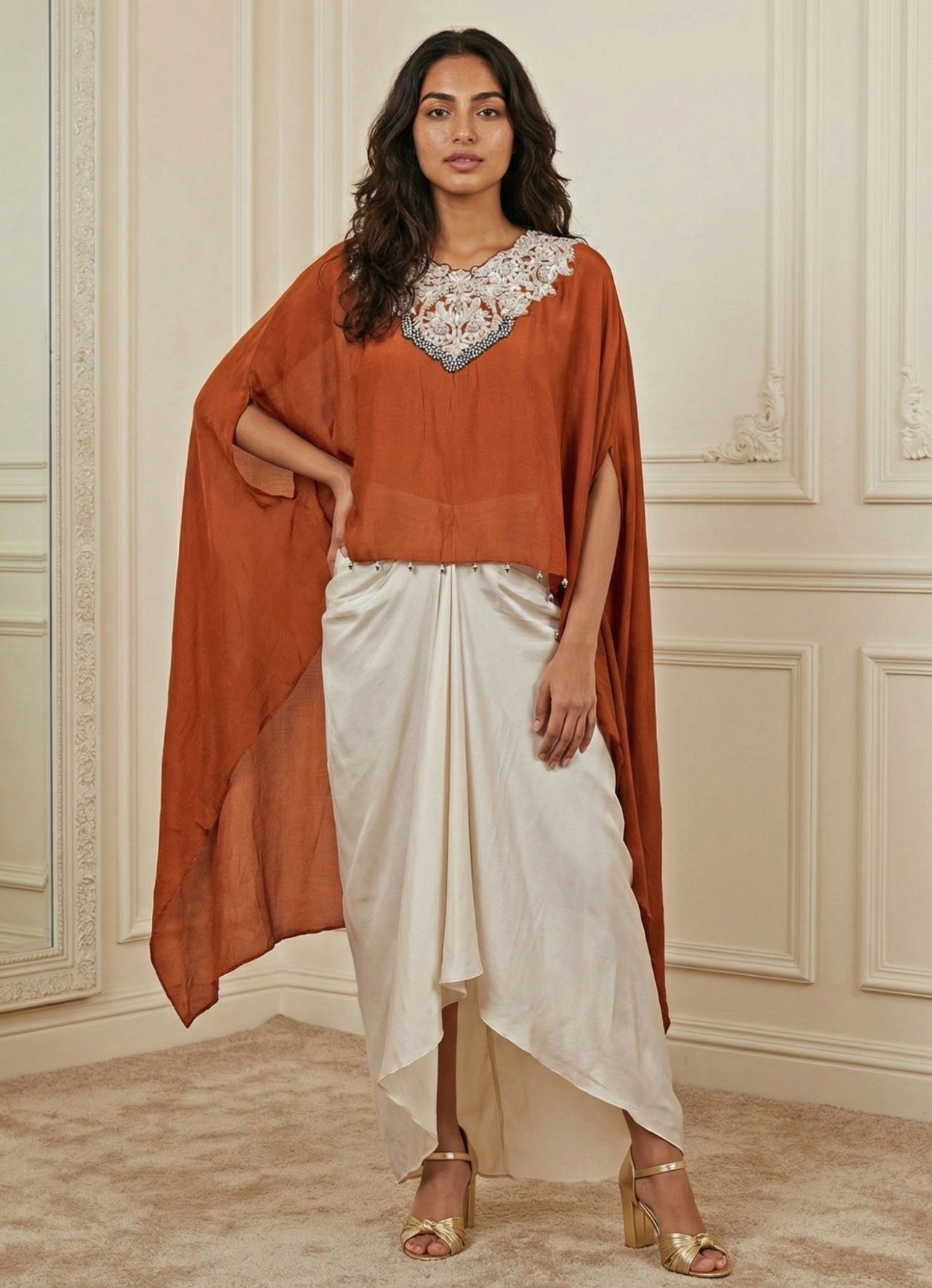 Ivory And Rust Orange Chinon Cowl Skirt Set