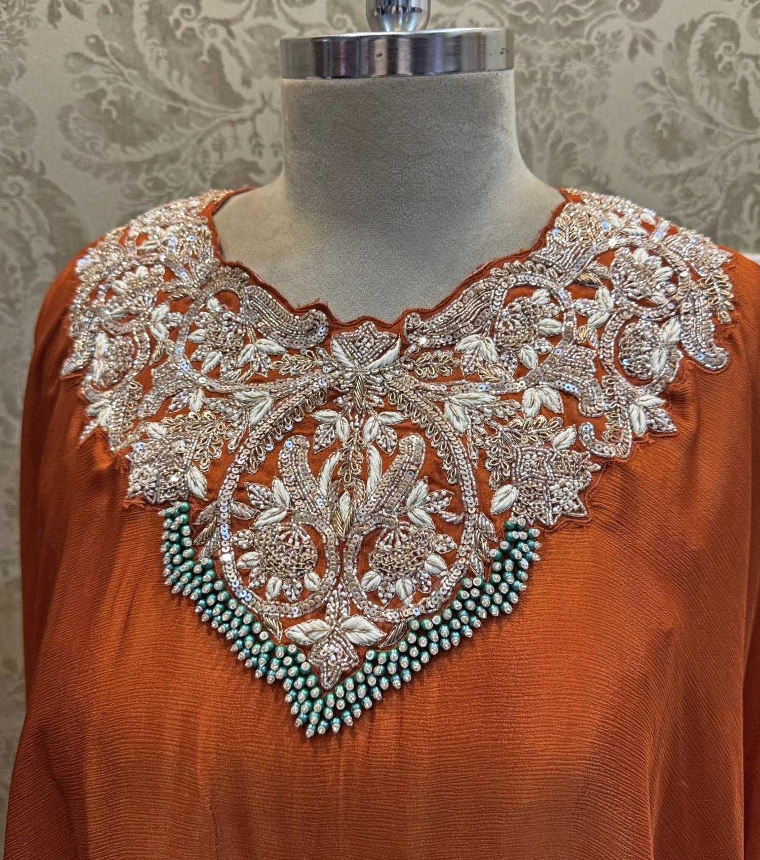 Ivory And Rust Orange Chinon Cowl Skirt Set