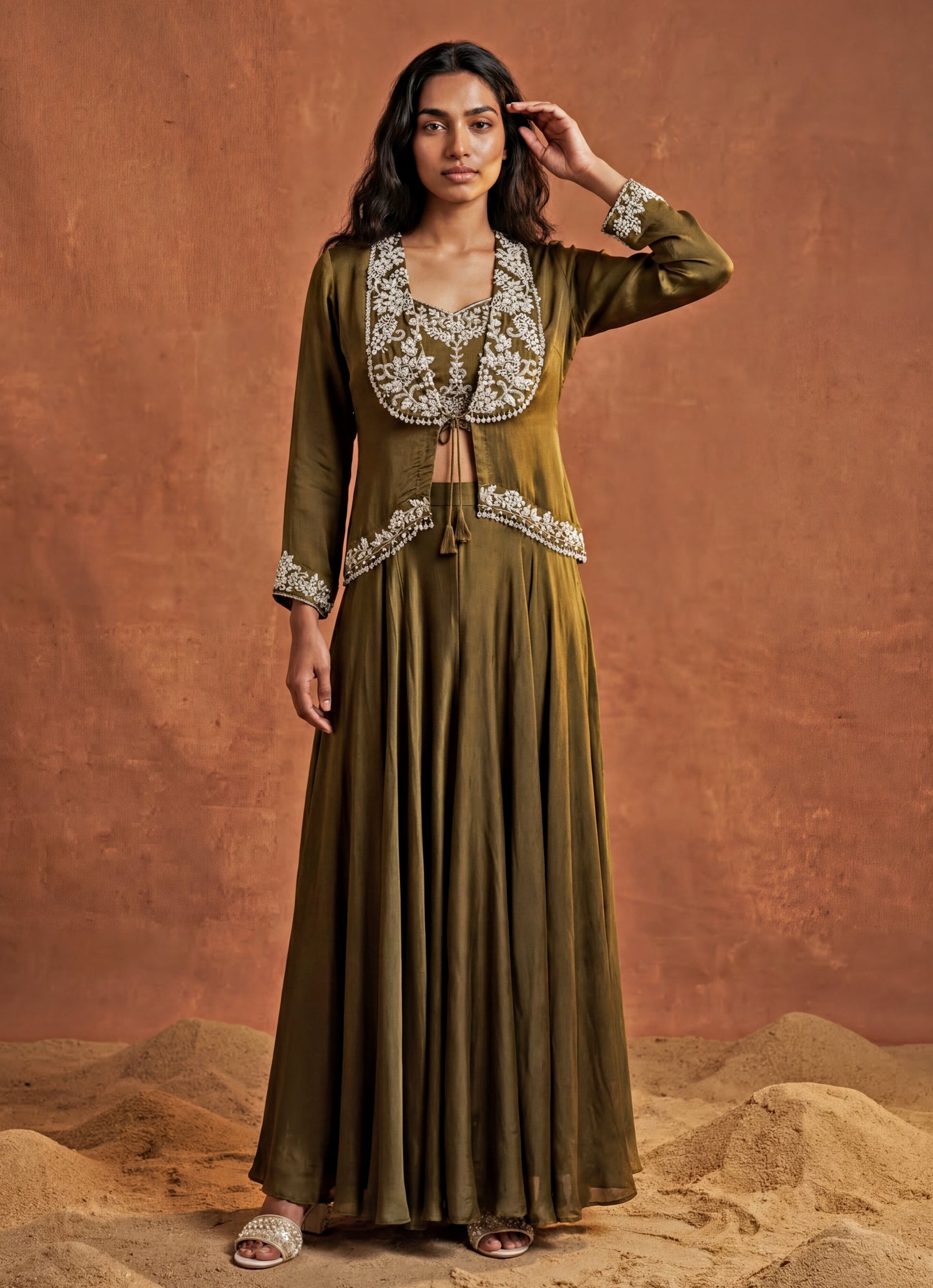 Olive Green Chinon Cowl Skirt Set With Jacket
