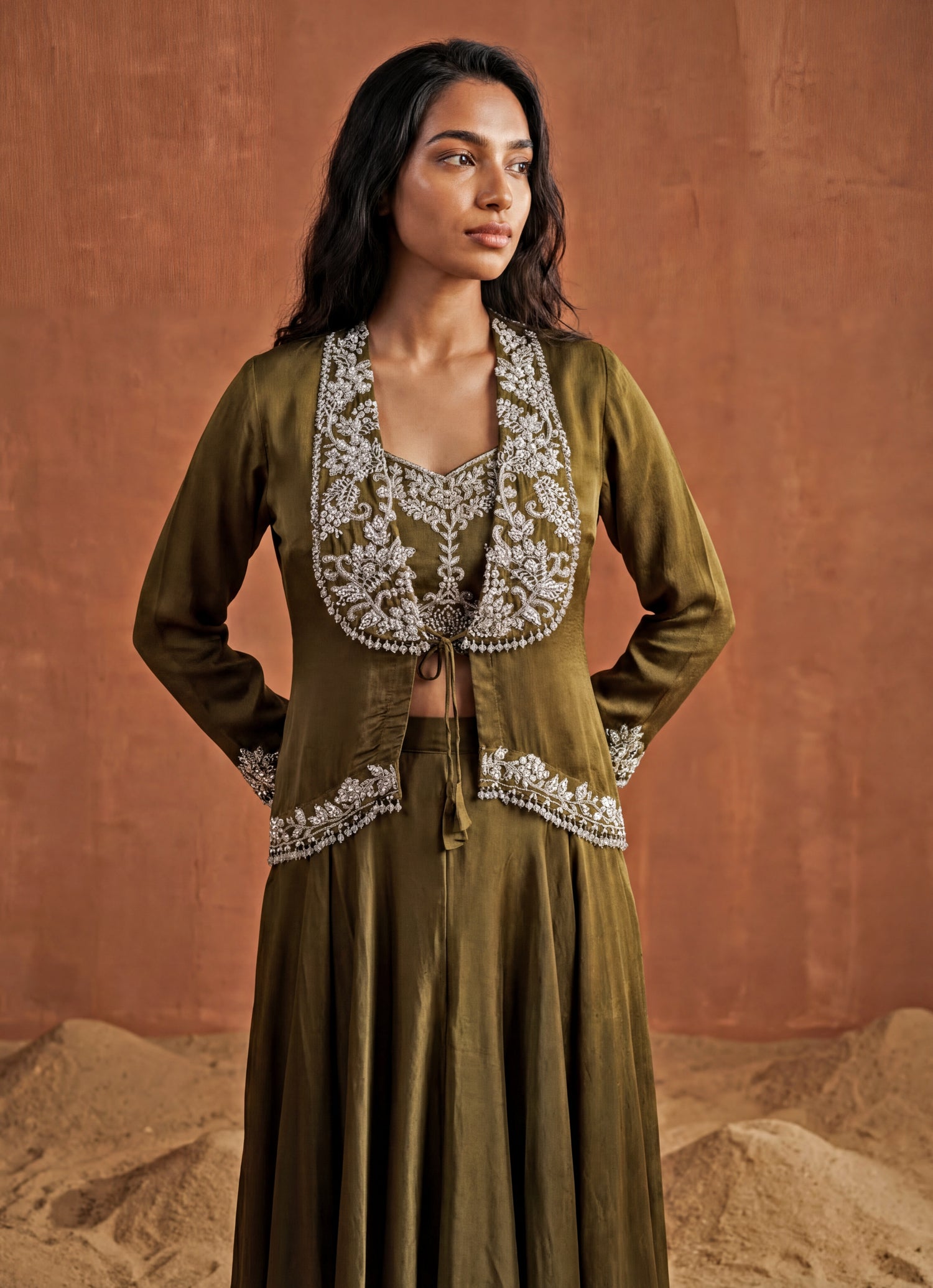 Olive Green Chinon Cowl Skirt Set With Jacket