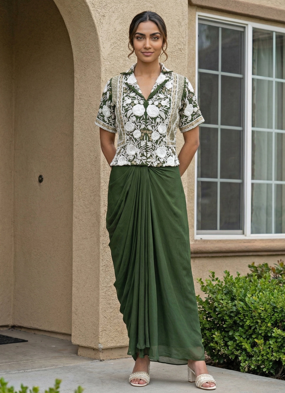 Green Chinon Cowl Skirt Set