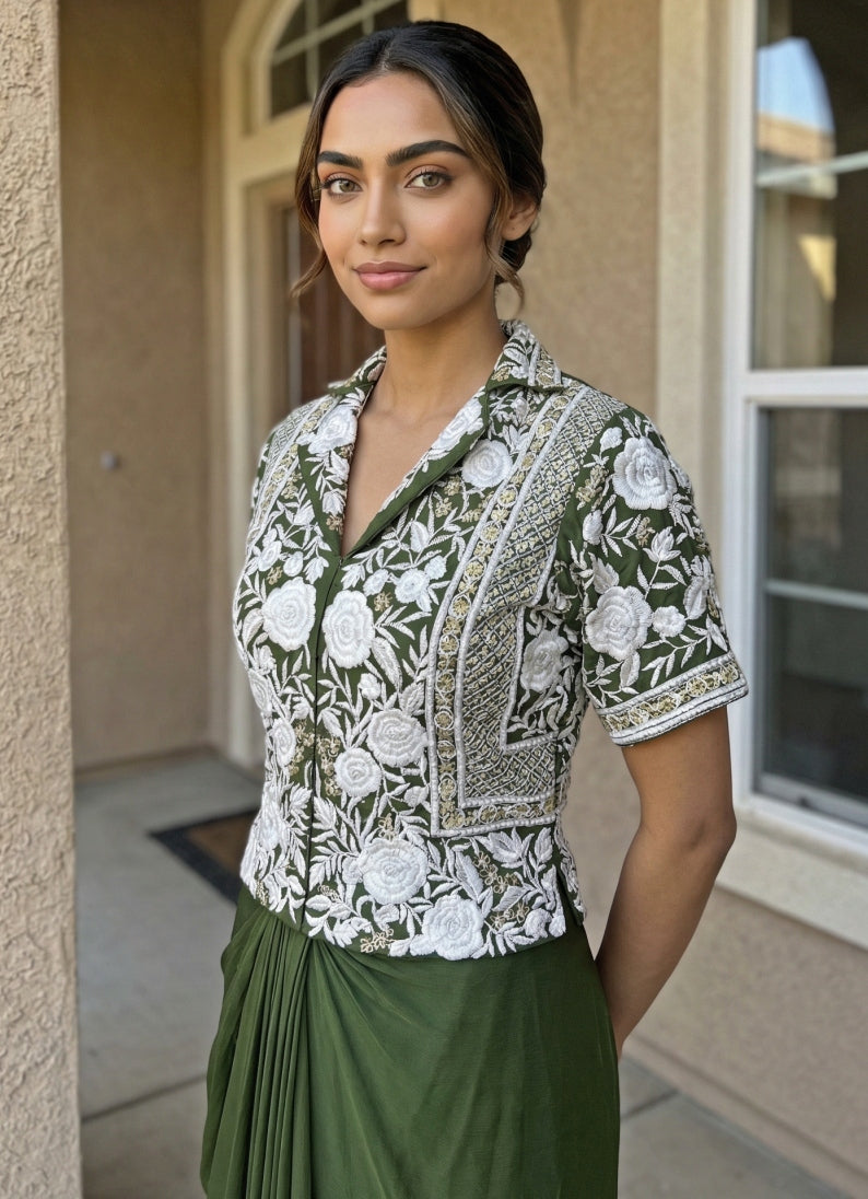 Green Chinon Cowl Skirt Set