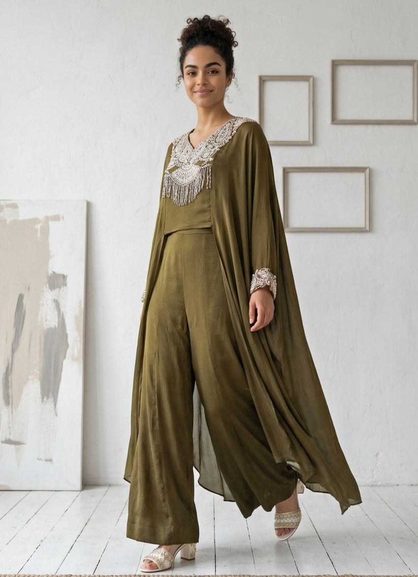 Olive Green Chinon Blouse Palazzo Set With Cape