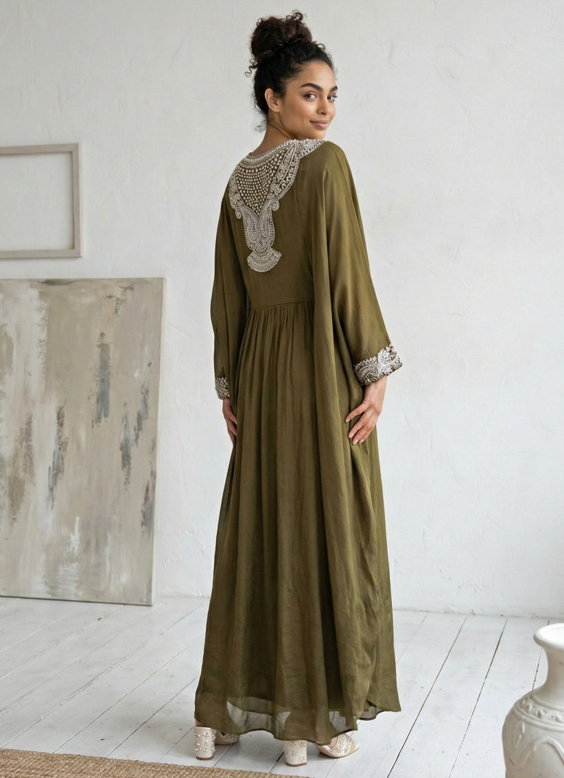 Olive Green Chinon Blouse Palazzo Set With Cape