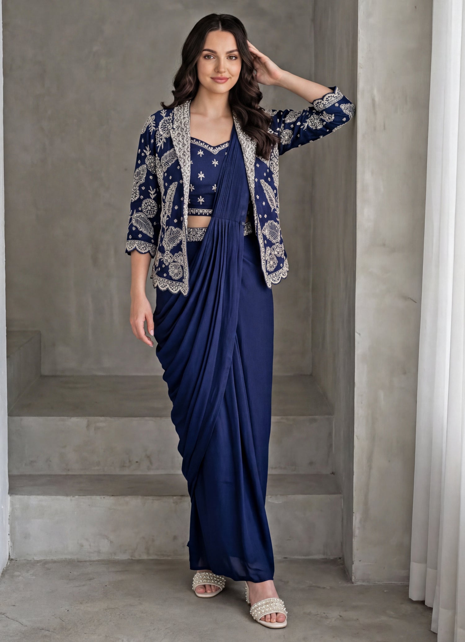 Royal Blue Chinon Pre-Draped Saree With Jacket