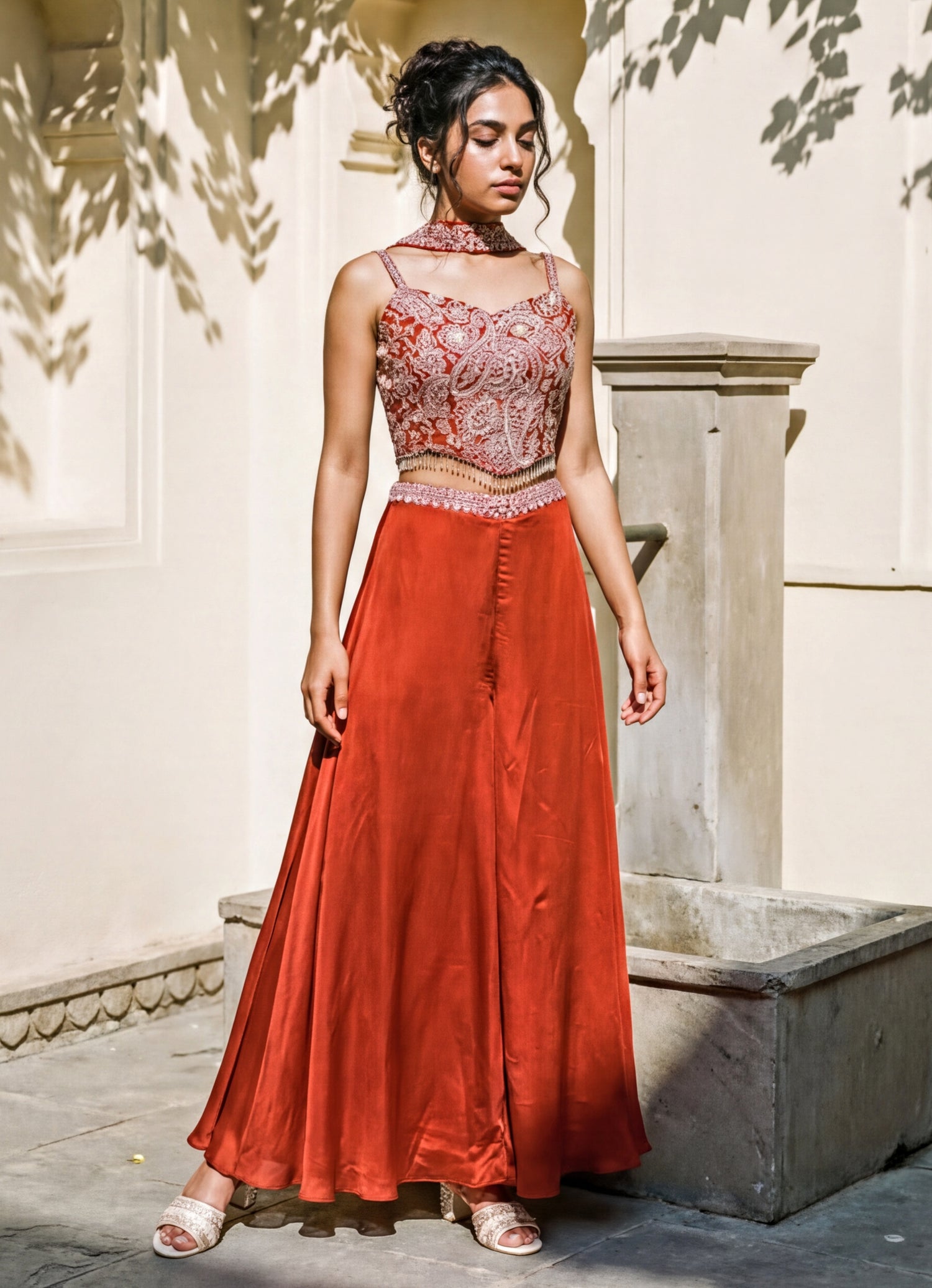 Rust Orange Chinon Corset Lehenga Set With Choker Dupatta