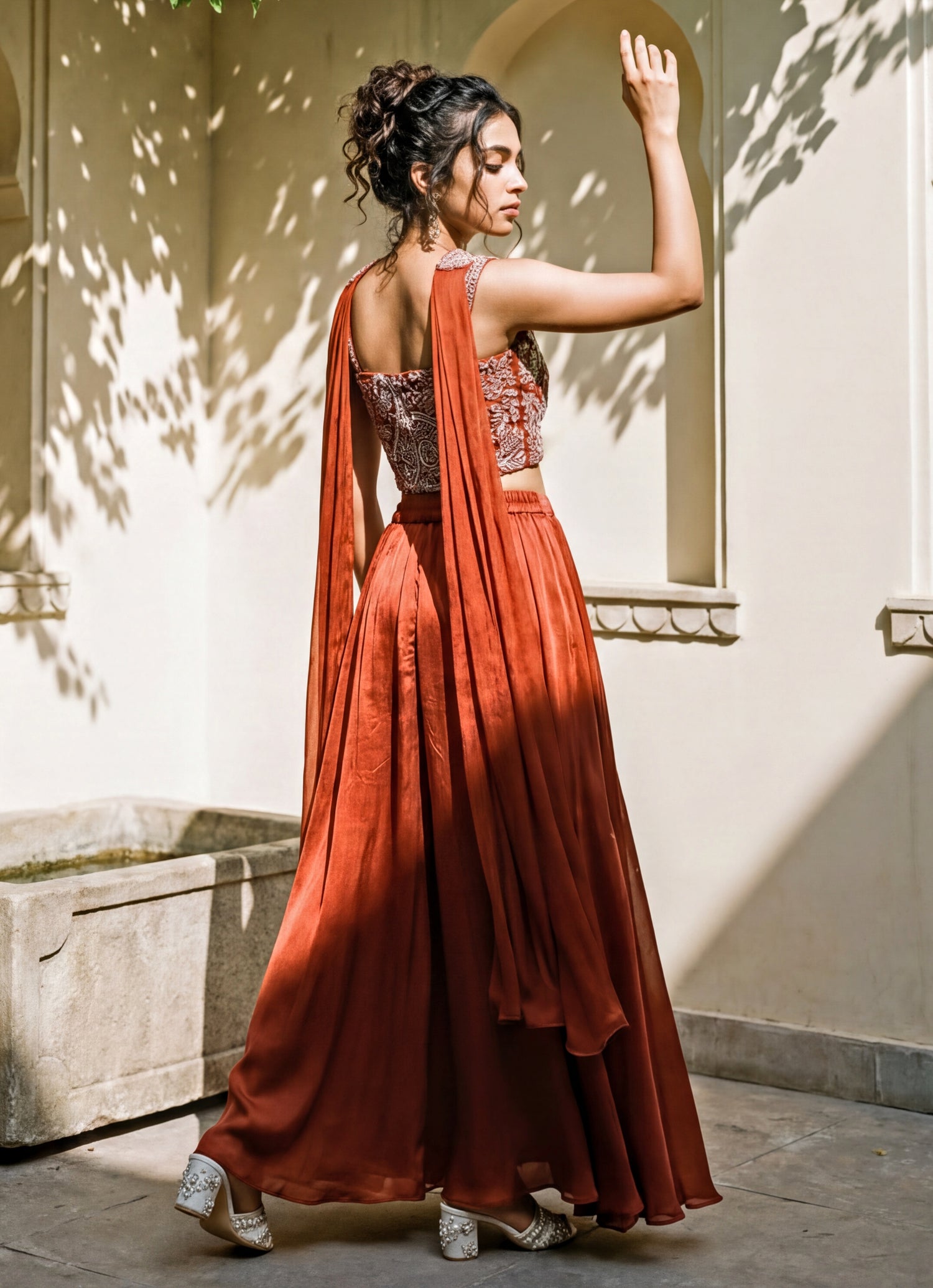 Rust Orange Chinon Corset Lehenga Set With Choker Dupatta