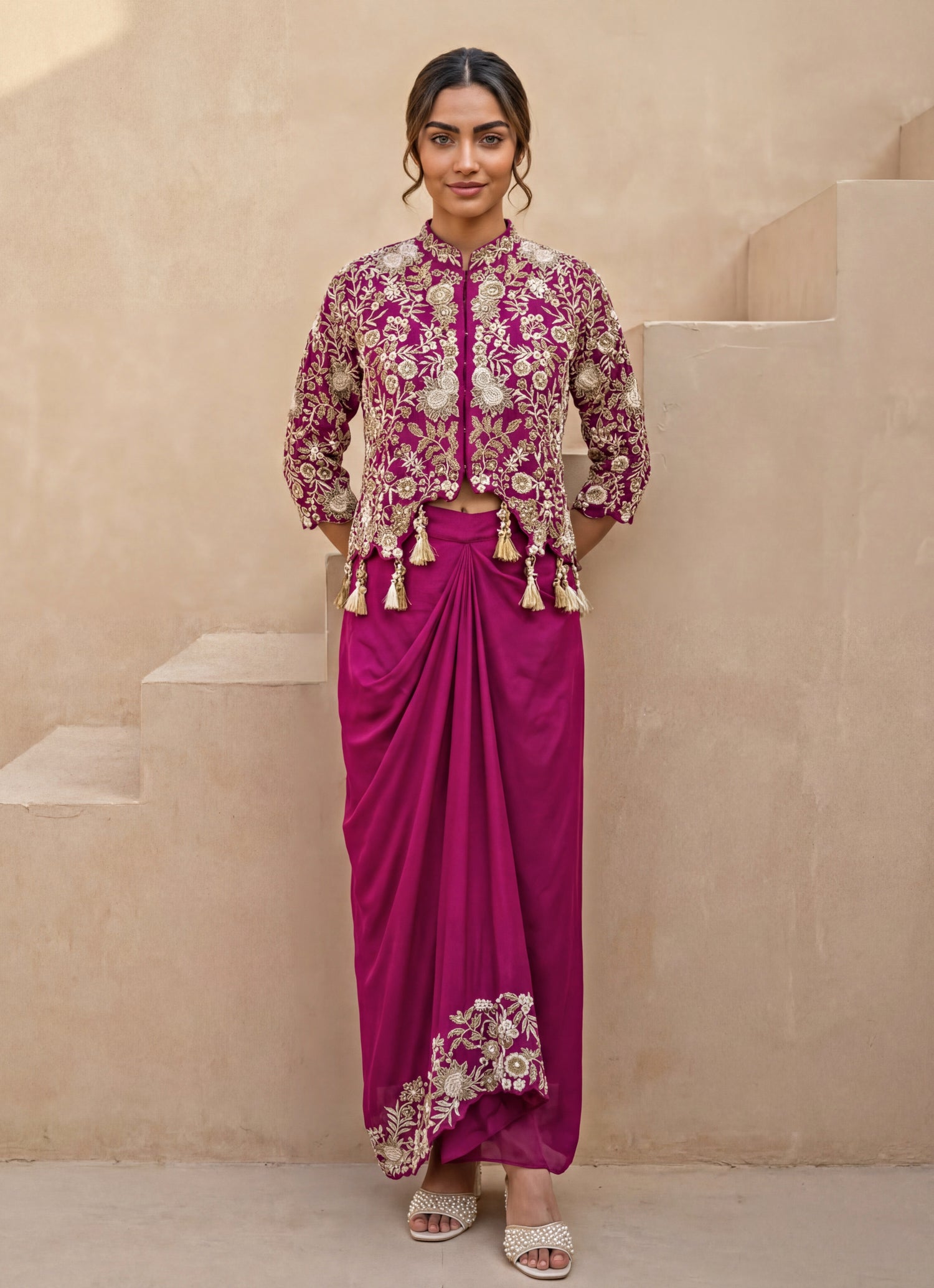 Hot Pink Chinon Drape Skirt Set