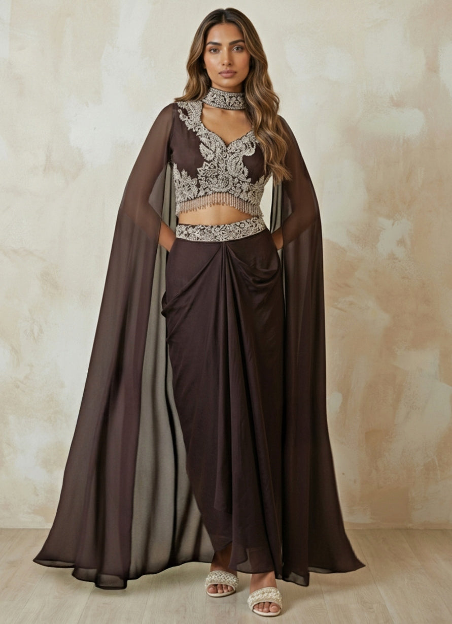 Black Tissue Chinon Cowl Skirt Set