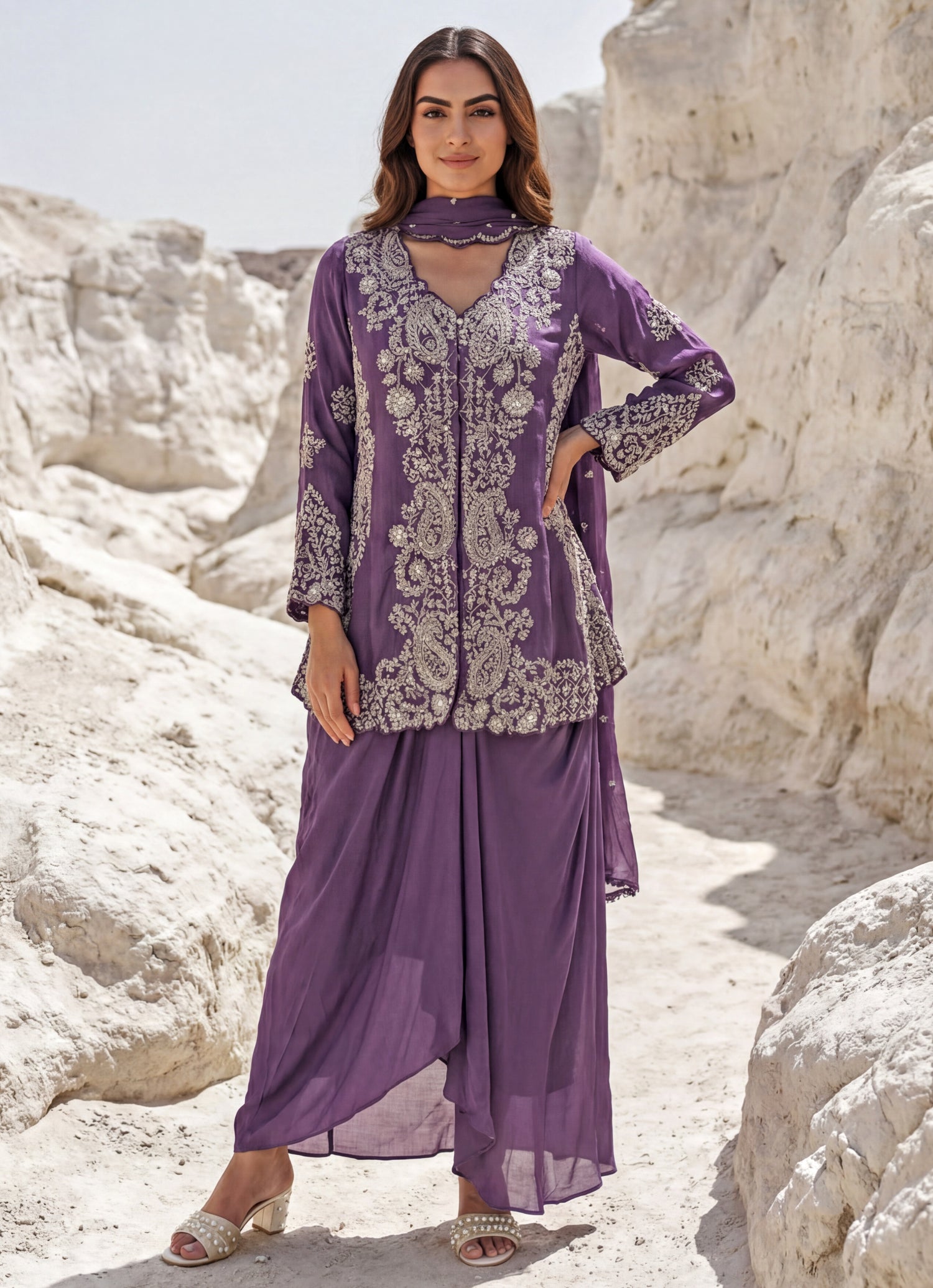 Purple Chinon Kurta With Cowl Skirt Set