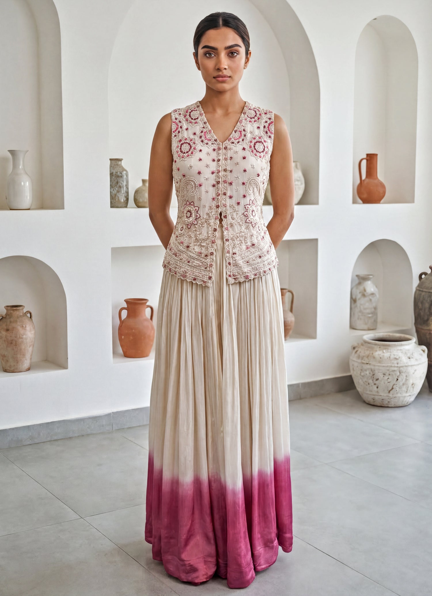 Ivory And Pink Chinon Skirt Set