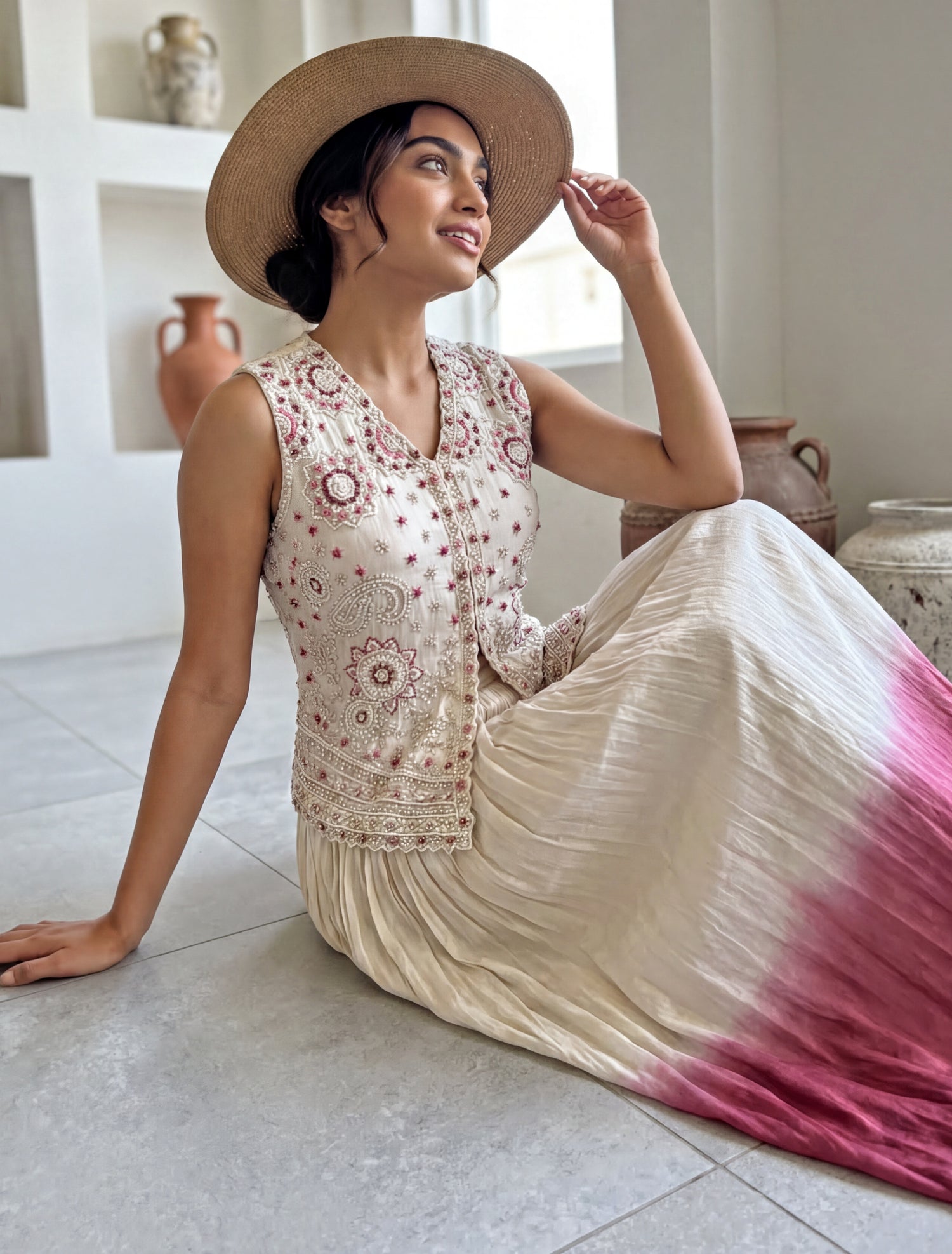 Ivory And Pink Chinon Skirt Set