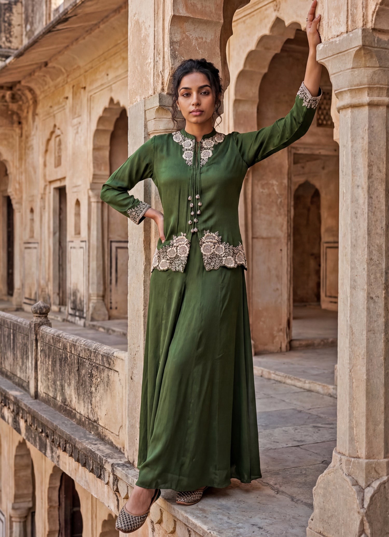 Green Embroidered Chinon Skirt Set