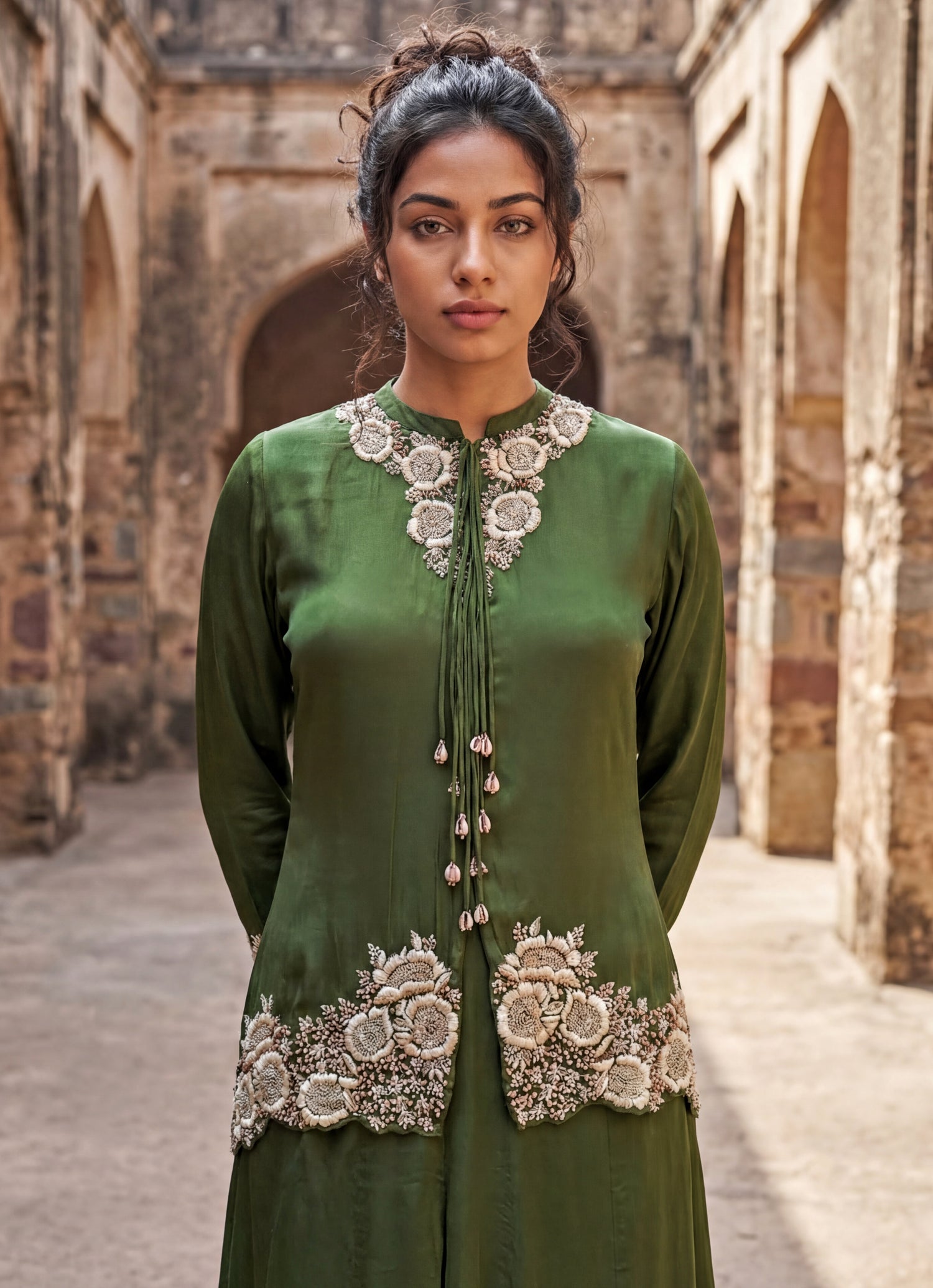 Green Embroidered Chinon Skirt Set