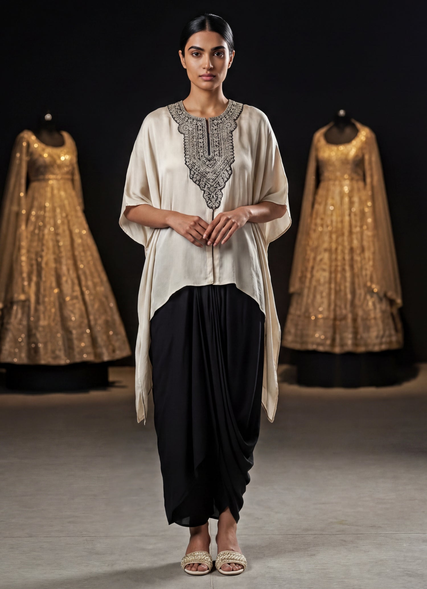 White And Black Chinon Drape Skirt Set