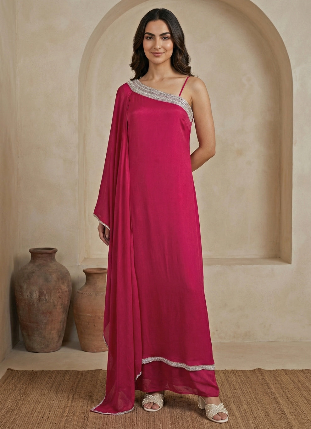 Hot Pink Chinon One Shoulder Kurta Palazzo Set