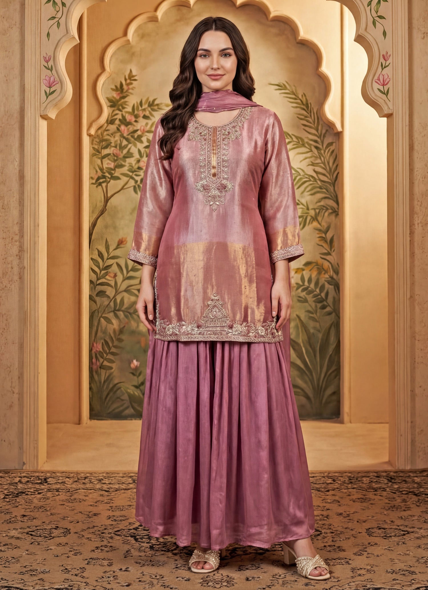 Onion Pink Tissue Kurta Lehenga Set