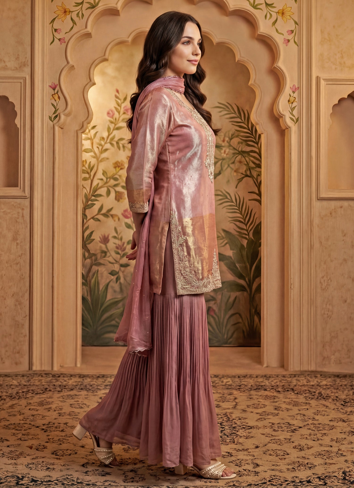 Onion Pink Tissue Kurta Lehenga Set
